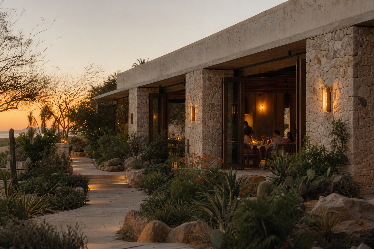 Ballena's stone dining pavilion set into the Baja landscape
