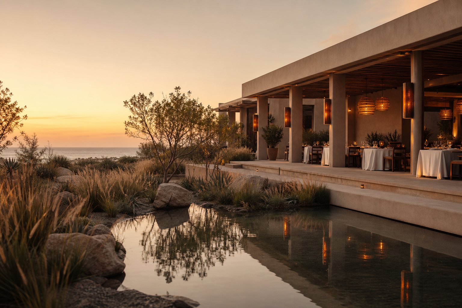 Ballena's garden and reflecting pool at dusk