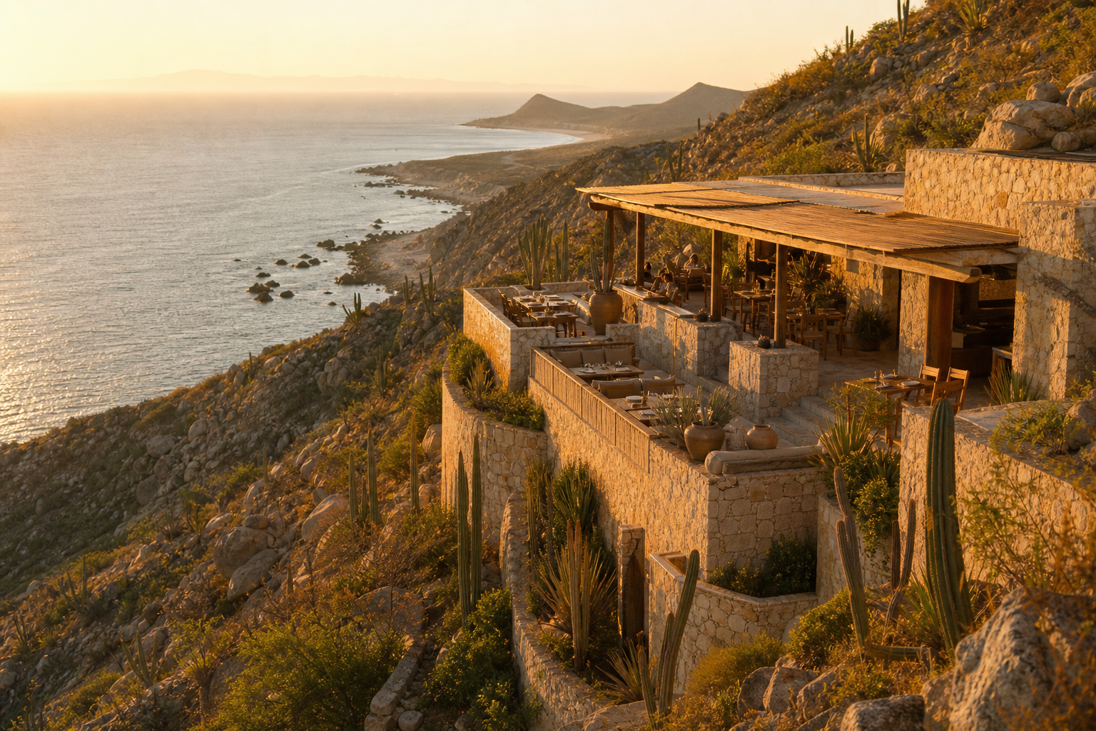 Ballena's stone pavilion in the Baja landscape at golden hour
