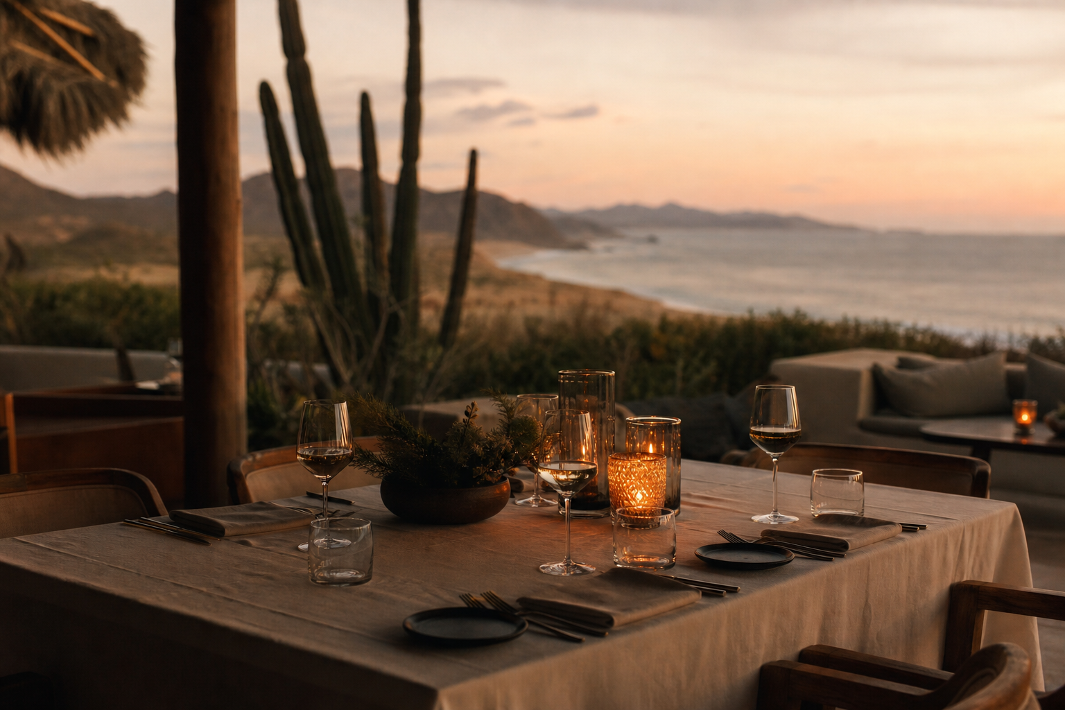 A set table on Ballena's terrace at dusk