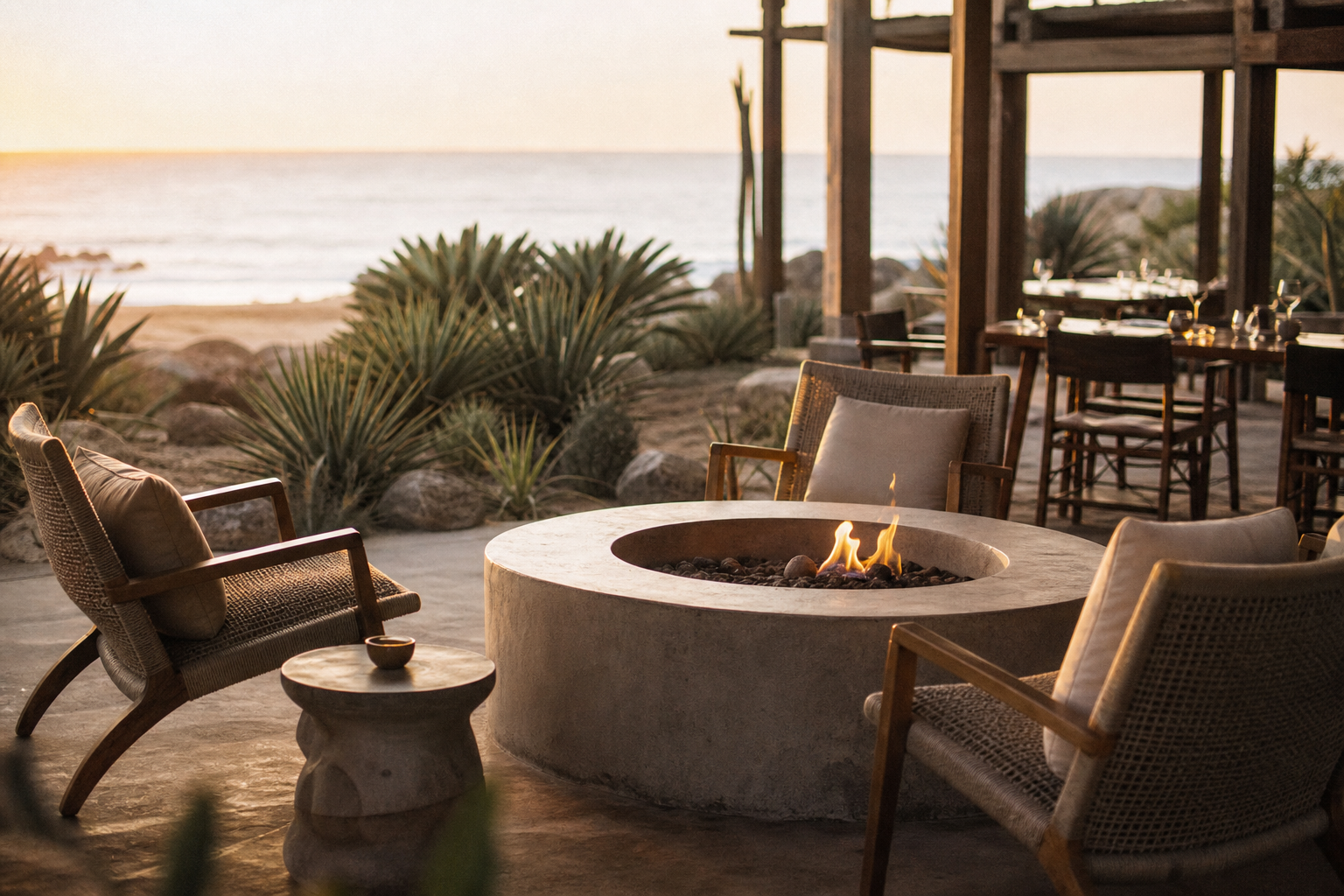 Ballena's terrace at golden hour with fire pit and desert garden